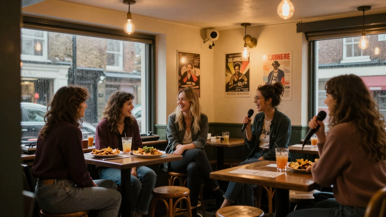 Women laughing over snacks and cocktails in the cozy, intimate interior of The Joiners Arms.