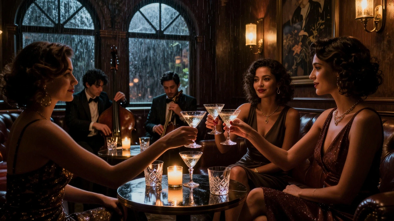 Women toasting in a candlelit vault bar with live jazz music playing.