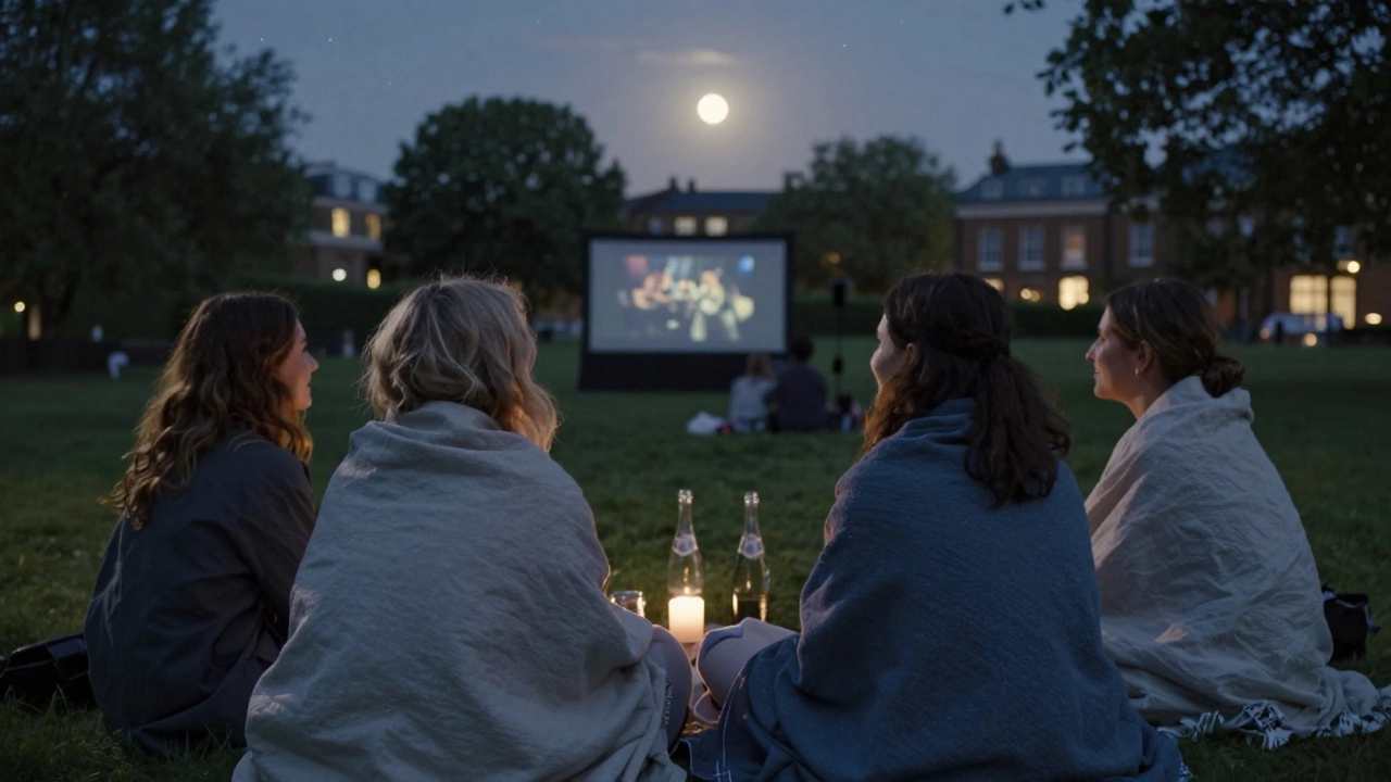 Women watching an outdoor film under the stars in Islington, wrapped in blankets.