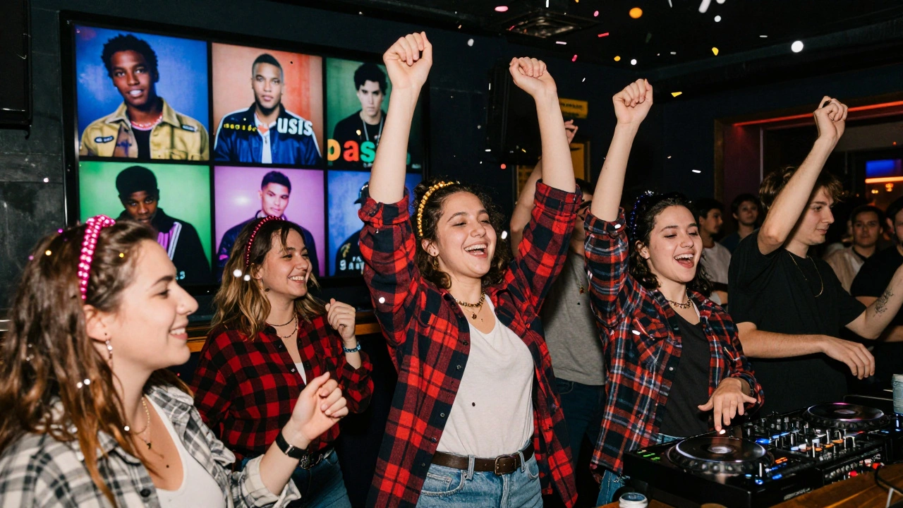Young Londoners dancing wildly at 90s karaoke night with music videos on wall and confetti falling.