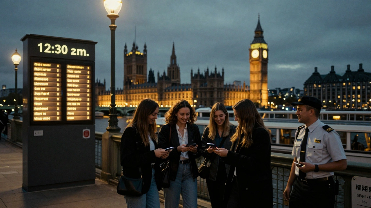Young women boarding Thames Clippers at Westminster Pier late at night, with digital departure boards and staff nearby.